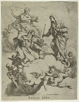 Lucca Giordano Prints: Christ holding a crown at upper left and the Virgin receiving Saint Anne in Heaven at r