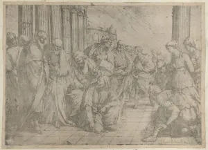 Prints Collection: Christ kneels and writes on the pavement at center, while the woman taken in adultery stan... 1653