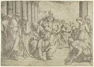 Christ kneels and writes on the pavement at center and a woman taken in adultery by three ..., 1653
