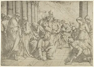 Lucca Giordano Prints: Christ kneels and writes on the pavement at center and a woman taken in adultery by three