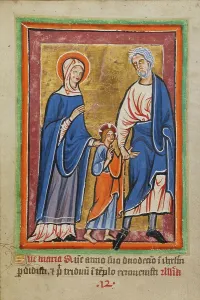 Christ Led to Jerusalem by Mary and Joseph, about 1190-1200; text added about 1480-1490. Creator: Unknown
