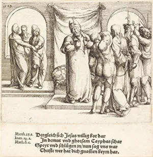 Kaiphas Prints: Christ is Mocked, and Caiaphas Rends His Garments, 1549. Creator: Augustin Hirschvogel