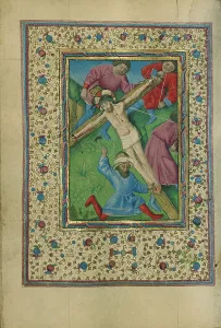 Hammering Prints: Christ Nailed to the Cross; Book of Hours, about 1460. Creator: Unknown
