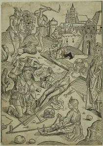 Nailing Prints: Christ Nailed to the Cross, page 85 from the Treasury (Schatzbehalter)