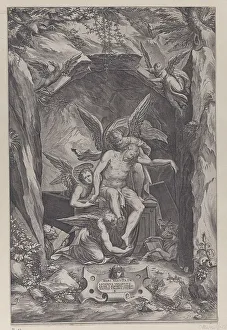 Risen Prints: Christ rising from the tomb, assisted by two angels, 1540-83. Creator: Martino Rota