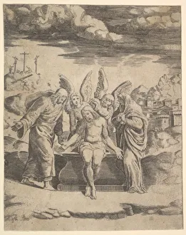 Christ seated on the tomb supported by angels, 1530-60. Creator: Master of the Die