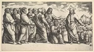 Simon Collection: Christ standing at left indicating to a flock of sheep, before him kneels St. Peter hol