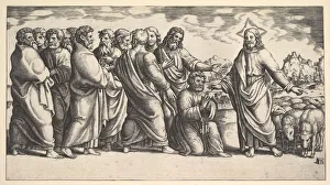 Rafaello Sanzio Gallery: Christ standing at left indicating to a flock of sheep, before him kneels St. Peter hol