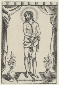 Christ standing with a rope around his neck and blood dripping down his face Creator: Anon