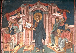 Christ in the synagogue of Nazareth, ca 1350. Artist: Anonymous