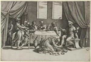 Christ at the table of Simon the Pharisee, Mary Magdalene washing his feet with her... ca. 1520-25
