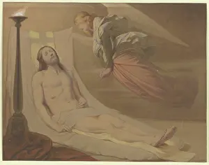 Corpse Prints: Christ in the tomb, above him hovering a mourning angel, 1851. Creator: Eduard von Steinle