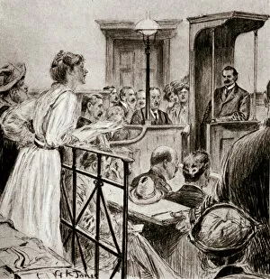 Campaigner Gallery: Christabel Pankhurst, British suffragette, questioning Herbert Gladstone in court, London 1909