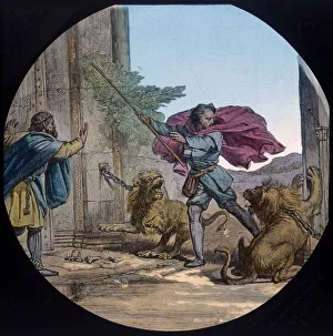 Evangelism Prints: Christian encounters two lions, c1910. Creator: Unknown