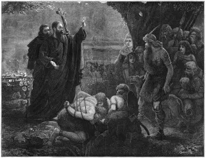 Sacrifice Prints: Christian missionaries interrupting a human sacrifice, 1878. Artist: J Christie