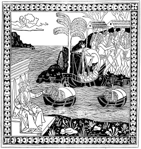 Christopher Columbus Discovering America, woodcut, 1493