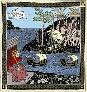 Christopher Columbus Discovering America, woodcut, 1493
