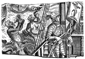 Christopher Columbus during his voyage to America, Engraving, c1500