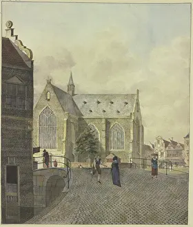 Beggar Prints: Church by a bridge, a lame beggar with a lady, 1797. Creator: Johannes Huibert Prins