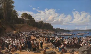 Marstrand Wilhelm Prints: Church-Goers Arriving by Boat at the Parish Church of Leksand on Siljan Lake