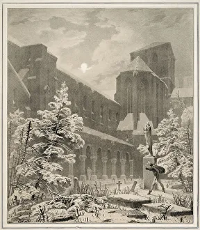 Ghostly Prints: Church and Graveyard in the Snow by Moonlight, 1827. Creator: Karl Blechen