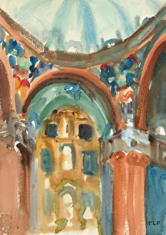 Watercolor And Pencil On Paper Prints: Church Interior, c. 1930s? Creator: Thomas La Farge