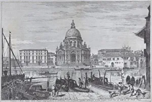 Santa Salute Prints: The church of Santa Maria della Salute seen across the water with gondolas in the foregrou