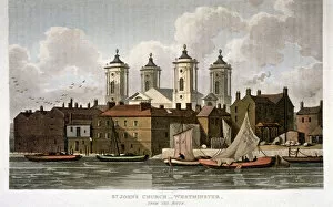 Th Shepherd Gallery: Church of St John the Evangelist from the River Thames, Westminster, London, 1815