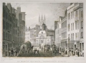 Bishopsgate Prints: Church of St Martin Outwich, viewed from Bishopsgate, City of London, 1830. Artist