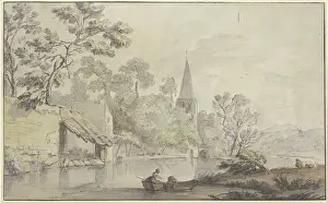 Peaceful Prints: Church tower and several buildings by a body of water