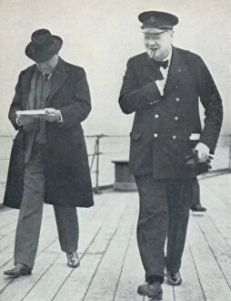 Jubilant Collection: Churchill, jubilant, aboard H.M.S. Prince of Wales with Lord Beaverbrook, about to say farewell t