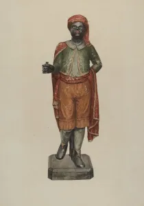 Tobacconist Prints: Cigar Store Figure - Blackamoor, c. 1938. Creator: Dorothy Handy