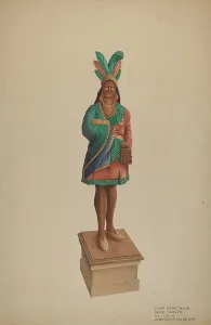 Wooden Indian Prints: Cigar Store Indian, c. 1938. Creator: Rolland Ayres