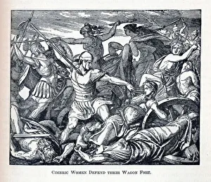 Cimbric Women Defend Their Wagon Fort, 1882. Artist: Anonymous