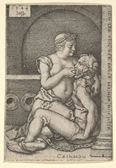 Sebald Prints: Cimon seated against a column at right, suckling from Pero who is kneeling next to him
