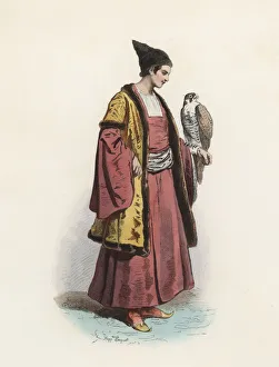 Caucasus Prints: Circassian young man, color engraving 1870