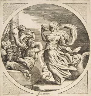 Circe drinking from a cup with the companions of Ulysses in a boat at left, a circular
