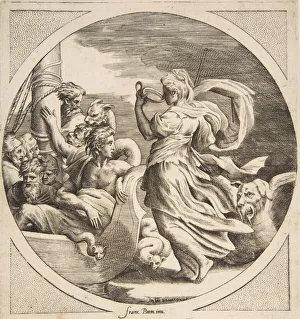 Circe drinking from a cup with the companions of Ulysses in a boat at left, a circular Circe drinking from a cup with the companions of Ulysses in a boat at left, a circular