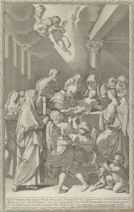 Penis Prints: The circumcision of Christ, a group of men, women and angels surrounding him, the you