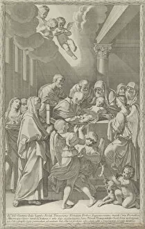The circumcision of Christ, a group of men, women and angels surrounding him, the you