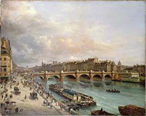 Canvasmaterial Prints: The Cite and the Pont-Neuf, seen from Quai du Louvre, 1832. Creator: Giuseppe Canella