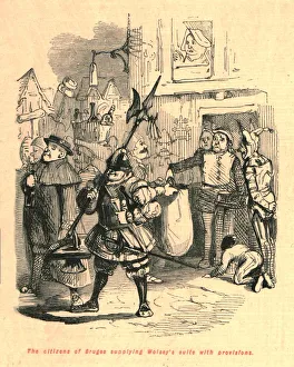 Provisions Prints: The citizens of Bruges supplying Wolseys suite with provisions, 1897. Creator: John Leech