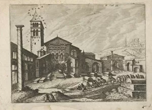 Etching And Engraving Collection: City with a Column and a Church, from the series Roman Ruins and Buildings, 1562