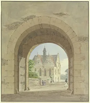 Walls Prints: City gate with a view of a church, 1826. Creator: Friedrich Maximilian Hessemer