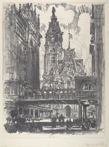The City Hall and Bridge across Market Street, 1912. Creator: Joseph Pennell