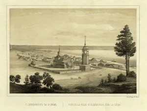Lena Prints: The City of Olekminsk on the Lena River, 1856. Creator: Ivan Dem'ianovich Bulychev