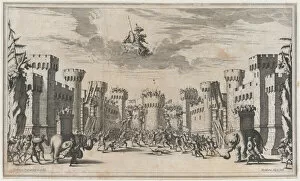 A city under siege with elephants and soldiers throughout; Mars looking down from above; s..., 1668