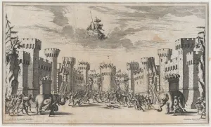 Kusel Mathaus Prints: A city under siege with elephants and soldiers throughout; Mars looking down from above; s