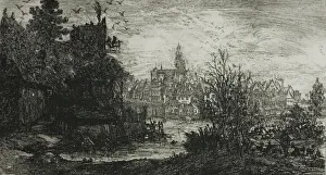 City with Stone Bridge, 1865. Creator: Rodolphe Bresdin