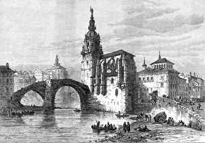 Vizcaya Prints: The Civil War in Spain: view in Bilbao - the church and bridge at St